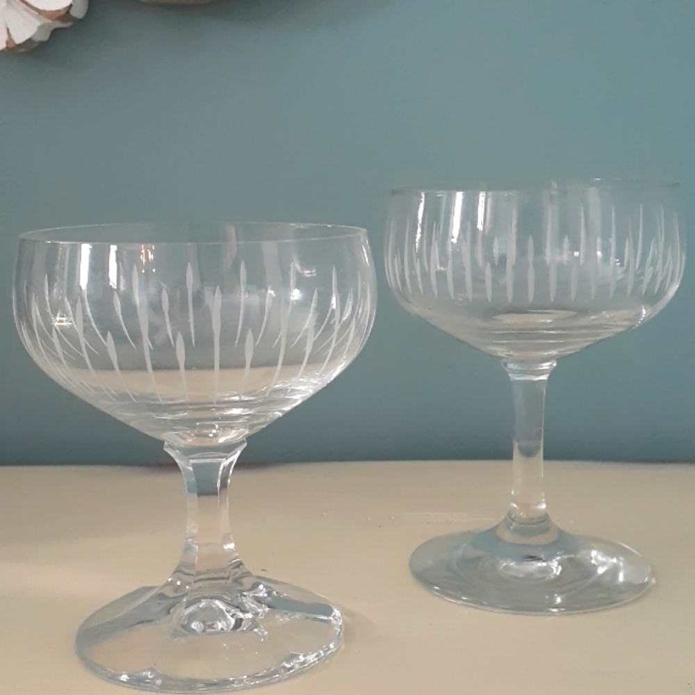 + Pair of vintage crystal etched champagne glasses